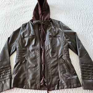 Brown Faux Leather Jacket w/ Removable Vest and Hoodie